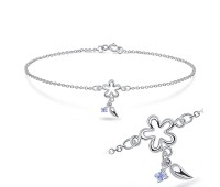 Rhodium Plated Flower and little leaf with CZ Bracelet BRS-173-RP